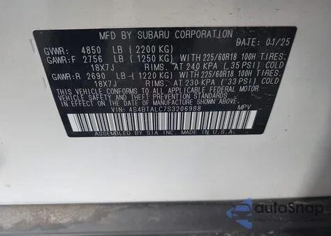 2025 Subaru Outback Onyx Edition из США, поврежденный, VIN 4S4BTALC7S3206988